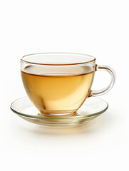Naklejka premium Elegant Glass Cup of Herbal Tea on Transparent Saucer with Minimalist White Background
