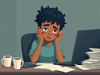 Dolor lumbar por postura encorvada en el escritorio, malestar muscular ilustrado, hábitos informáticos poco saludables
