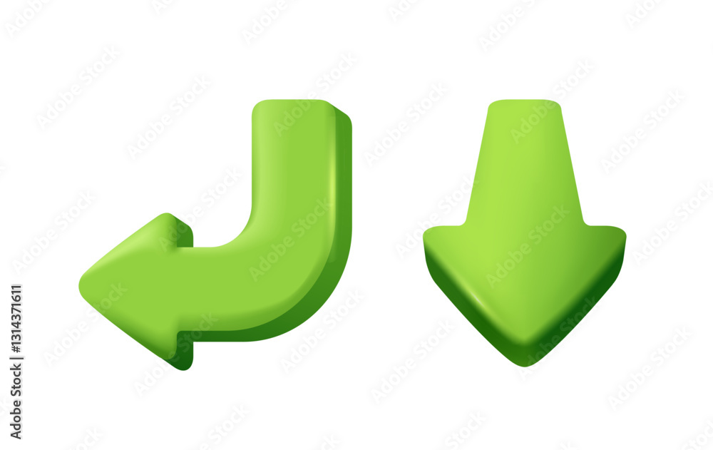 Poster 3d arrow icons. stickers with curved direction indicators showing left and down. road sign or pointe