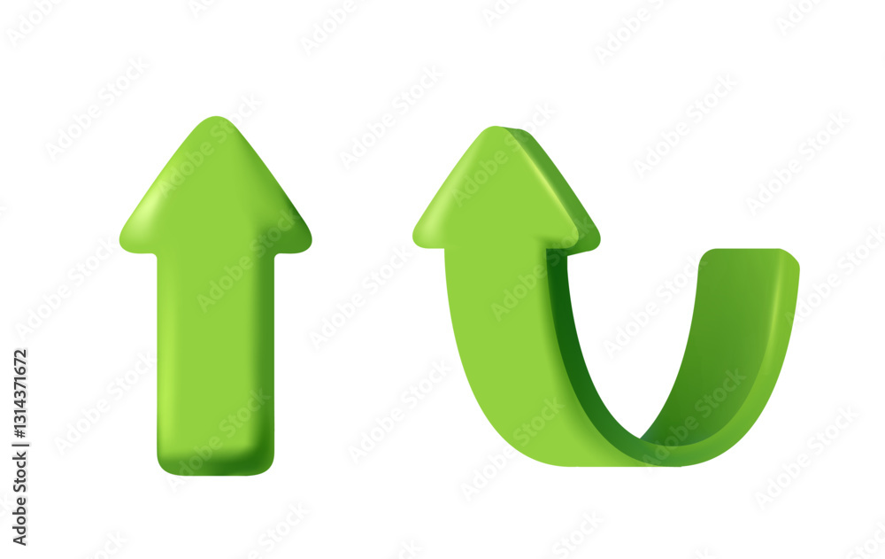 Poster 3d arrow icons. stickers with curved direction indicators showing up. road sign or pointer. growth a