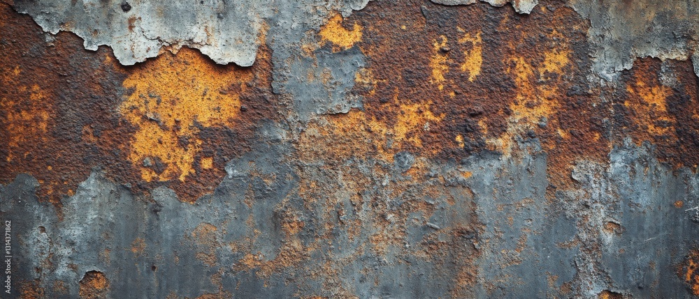 Poster abstract weathered metal texture with rust and peeling paint, creating a grunge background for indus