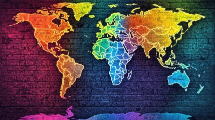 Neon-lit world political map with vibrant trade routes linking continents, showcasing global commerce and the interconnected nature of the world.