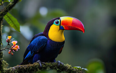 Obraz premium A vibrant toucan perched on a branch, showcasing its colorful beak and striking plumage against a lush green backdrop.
