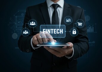 Man in black suit holding tablet with glowing "FINTECH" interface and digital finance icons.