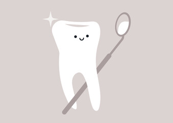 A cheerful tooth stands in front of a mirror, gleefully inspecting itself, With a dental mirror in hand, it radiates positivity, showcasing good dental hygiene behavior in a playful setting.