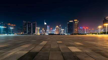 Fototapeta premium Illuminated City Skyline at Night with Empty Brick Paved Ground in the Foreground