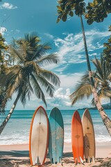 Three surfboards are on the beach, with one of them being blue