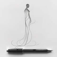 A black pen sits on a white background with a drawing of a woman in a dress