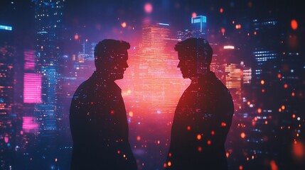 abstract business team, financial charts, holographic interfaces, urban background