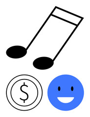 Musical note highlights music, dollar sign represents monetization, and smiling face symbolizes enjoyment. Ideal for music, entertainment, business, emotion, creativity economy happiness. Flat
