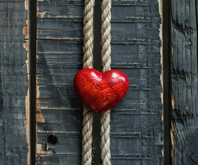 A red heart is hanging from a rope on a wooden surface