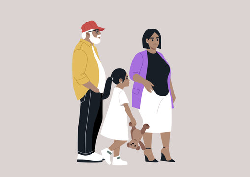 Two adults and a child walk together, radiating happiness while sharing stories and laughter, The kid holds a teddy bear, symbolizing warmth and innocence among loved ones