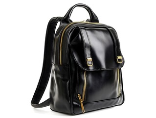 Naklejka premium Luxurious Black Leather Backpack with Gleaming Gold Zippers on White Background