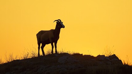 Silhouette of a majestic bighorn sheep against the amber sunset glow