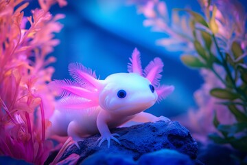 A white leucistic axolotl swims in a blue aquarium, a dreamy underwater atmosphere.