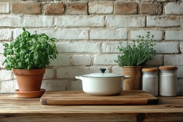 Fototapeta premium Minimalist kitchen setup with wooden cutting board white saucepan and herb plant on wooden counter against white brick wall