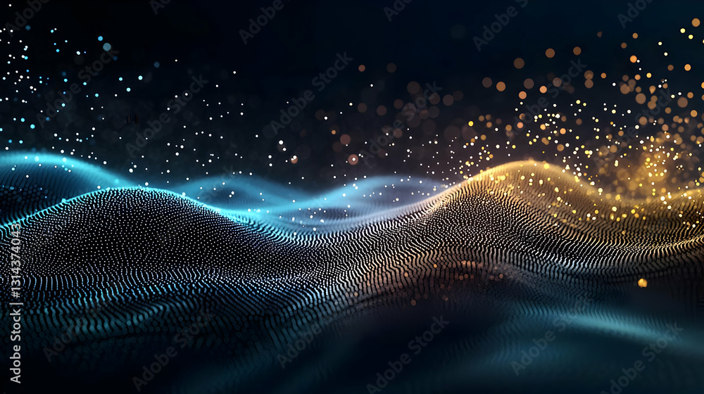 Poster dynamic blue and gold particle waves flowing across a dark background in an abstract digital art pie