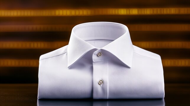 Crisp white dress shirt folded neatly, showcasing its fine cotton texture and tailored fit against a warm, blurred background.