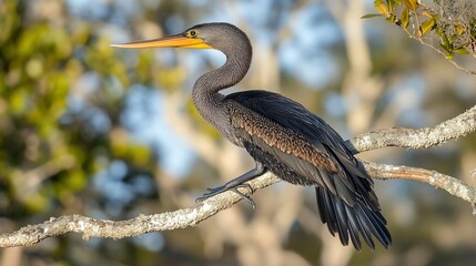 Anhinga perched on branch, wetland, blurred background