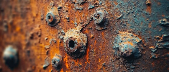 Closeup of heavily rusted metal surface with bolt holes, showcasing texture, decay, and industrial grunge aesthetic