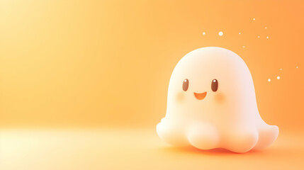 Cute cartoon ghost on orange background with happy expression