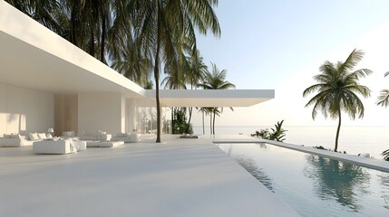 Minimalist tropical villa with open living space and swimming pool on white sand beach with palm trees long title Minimalist tropical villa with open