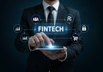 Businessman in black suit holding tablet with fintech interface and digital finance icons.