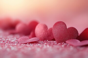 Fototapeta premium Heart Confetti on Pastel Pink Background Romantic Decoration for Valentines Day Celebration Love Gesture