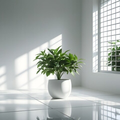 This modern minimalist interior embodies elegance and simplicity, featuring a lush green potted plant in a smooth white ceramic pot, placed on a glossy white tile floor. 