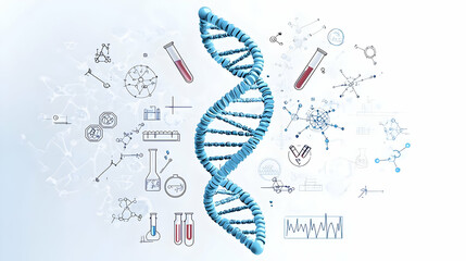 3D Rendered Illustration of a Blue DNA Double Helix Structure Surrounded by White and Red Scientific Symbols and Data on a Light Blue Background
