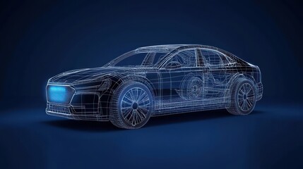 Fototapeta premium Digital Illuminated Car Structure Against Dark Blue Background Representing Technological Advancement