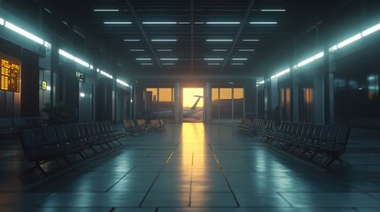 Empty Airport Waiting Area at Sunset