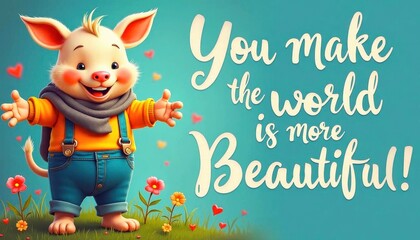 A cheerful cartoon pig character wearing an orange sweater, gray scarf, and blue overalls standing in a meadow with flowers. 