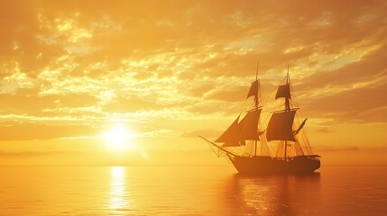 Obraz premium Silhouetted Ship Sailing Into the Glowing Orange Sunset Over the Tranquil Ocean