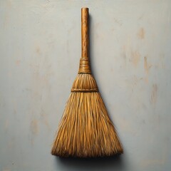 Wooden Broom with Golden Bristles on White Background