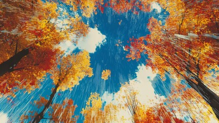 Autumn leaves fall from above, blue sky