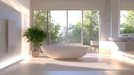 Modern bathroom with a freestanding bathtub, large windows, natural light, and a green plant creating a relaxing spa-like atmosphere