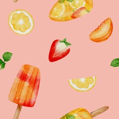 Vibrant summer fruit pattern with sweet popsicles and fresh berries against a soft backdrop