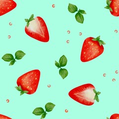 Delightful strawberries and mint leaves create a vibrant summer pattern