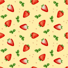 Vibrant summer pattern featuring fresh strawberries and mint leaves on a cheerful background