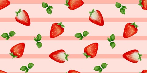 Fresh strawberries scattered on a soft pink background for summer vibes and sweet flavor