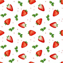 Brightly colored strawberries and mint leaves create a seamless summer pattern full of sweetness