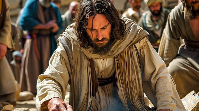Jesus Christ writing in the sand while the people near him witness their sins 4K