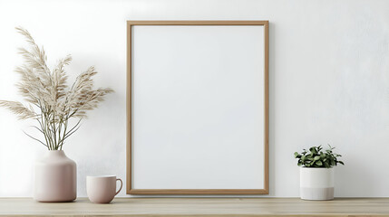 Vertical Wooden Frame Mockup With Pampas Grass In Pink Vase White Mug And Succulent On Rustic Wooden Shelf 3D Rendering Interior Decor