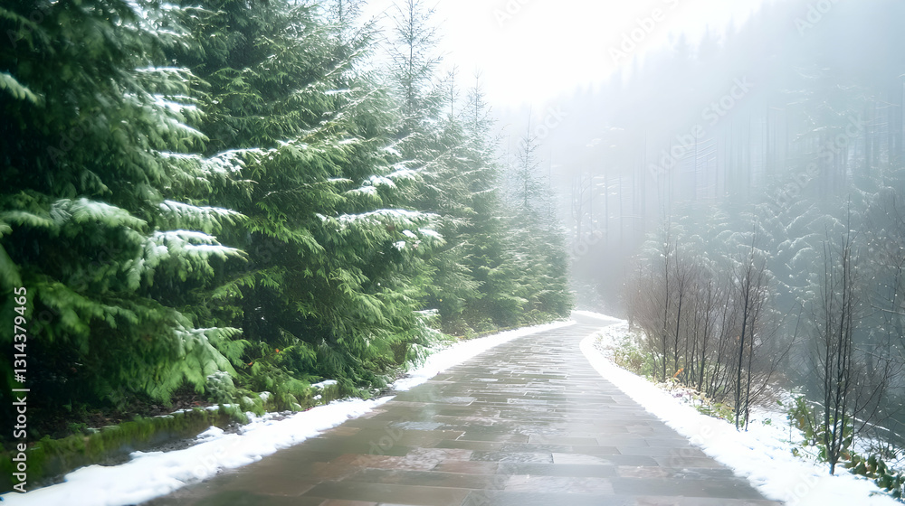 Poster snow covered trees lining a winding path in the forest