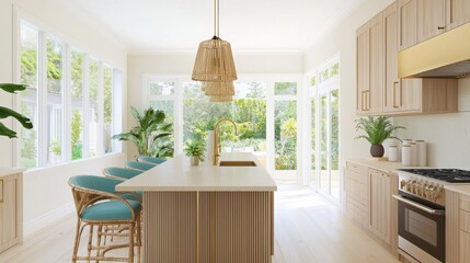 Scandinavian boho Hollywood kitchen, warm sand cabinetry, brass handles, fluted wood island, rattan pendant lights, soft LED under cabinet glow