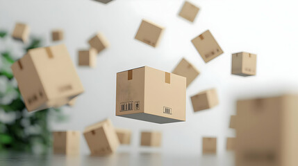 Floating Cardboard Boxes in a White Room with Green Plant Reflecting on a Shiny Floor with Natural Lighting