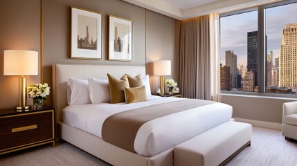 Scandinavian calm Hollywood bedroom, muted taupe walls, soft oversized bed, gold minimal decor, subtle framed artwork, soft glow lamps, skyline