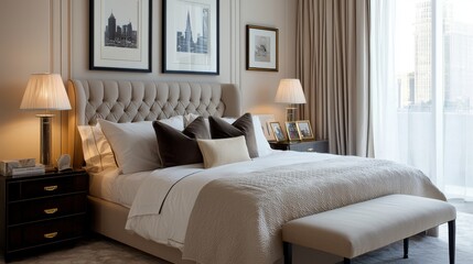 Scandinavian calm Hollywood bedroom, muted taupe walls, soft oversized bed, gold minimal decor, subtle framed artwork, soft glow lamps, skyline