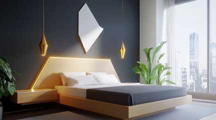 Scandinavian high tech bedroom, charcoal walls, floating platform bed, built in LED headboard, gold sculptural pendant lights, digital abstract artwork